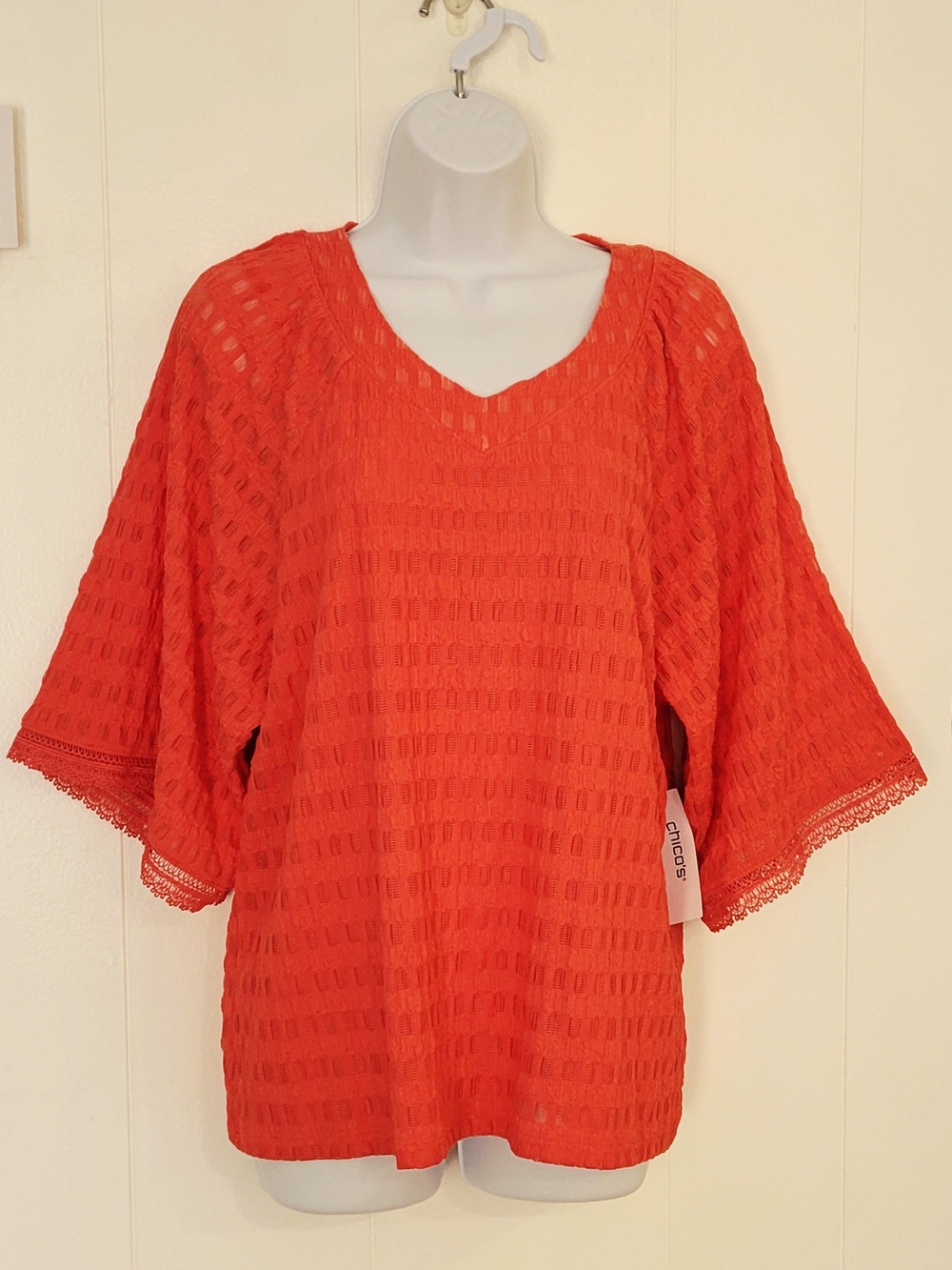 Chico's Orange Crinkle Knit  V-Neck Top